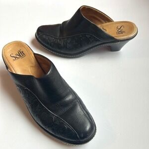 Sofft Floral Embossed Tooled Leather Clog Womens 8 Black Slip On Heel Mules Boho